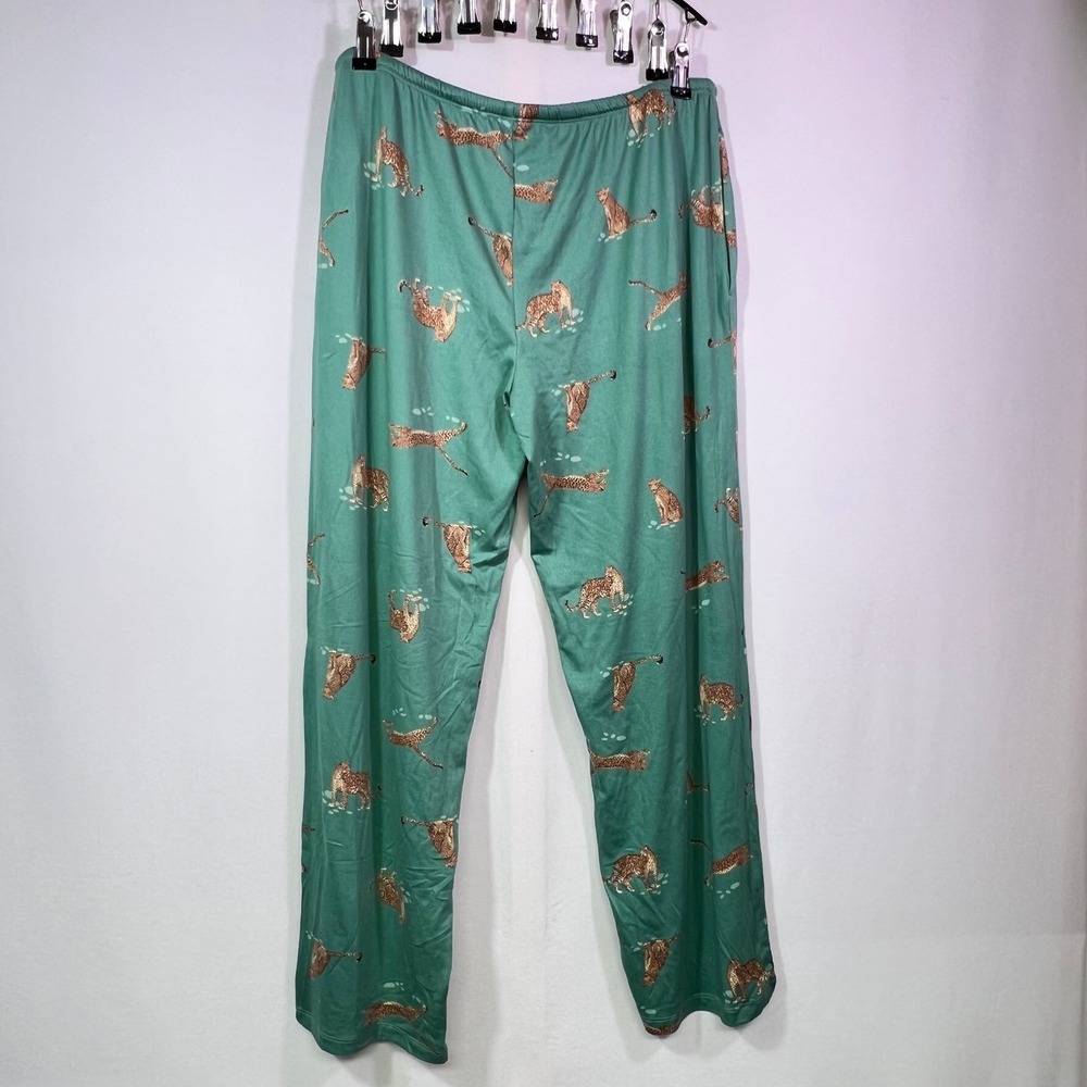 Flora Nikrooz Teal Leopard Print Henley Pajama Set Lace Trim 2 Piece Loungewear - Picture 7 of 12